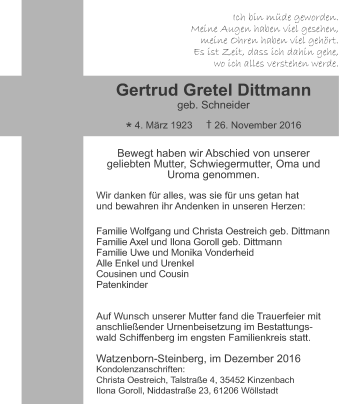 Traueranzeige von Gertrud Gretel Dittmann von Gießener Allgemeine, Alsfelder Allgemeine