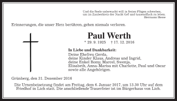 Traueranzeige von Paul Werth von Gießener Allgemeine, Alsfelder Allgemeine