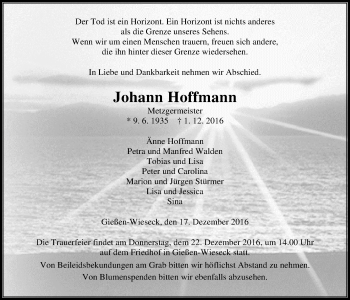 Traueranzeige von Johann Hoffmann von Gießener Allgemeine, Alsfelder Allgemeine