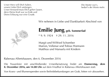 Traueranzeige von Emilie Jung von Gießener Allgemeine, Alsfelder Allgemeine