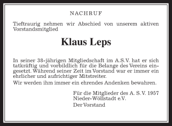 Traueranzeige von Klaus Leps von Wetterauer Zeitung, Wetterauer Zeitung