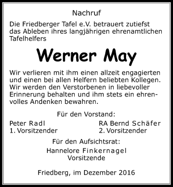Traueranzeige von Werner May von Wetterauer Zeitung, Wetterauer Zeitung