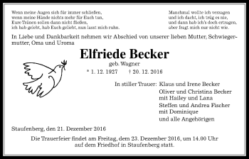 Traueranzeige von Elfriede Becker von Gießener Allgemeine, Alsfelder Allgemeine