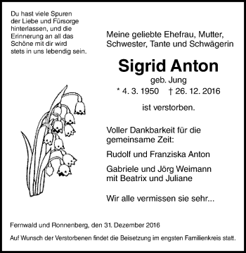 Traueranzeige von Sigrid Anton von Gießener Allgemeine, Alsfelder Allgemeine