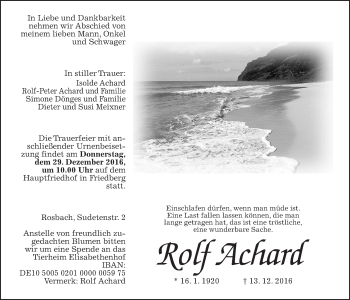 Traueranzeige von Rolf Achard von Wetterauer Zeitung, Wetterauer Zeitung