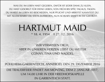 Traueranzeige von Hartmut Maid von Gießener Allgemeine, Alsfelder Allgemeine