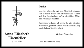 Traueranzeige von Anna Elisabeth Eisenfeller von Licher Wochenblatt, Licher Wochenblatt, Licher Wochenblatt