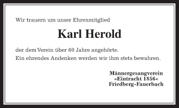 Traueranzeige von Karl Herold von Wetterauer Zeitung, Wetterauer Zeitung