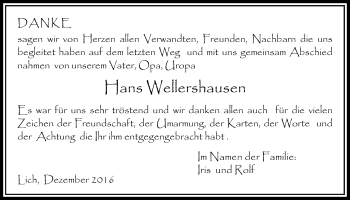 Traueranzeige von Hans Wellershausen von Licher Wochenblatt, Licher Wochenblatt, Licher Wochenblatt