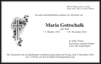 Traueranzeige von Maria Gottschalk von Wetterauer Zeitung