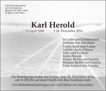 Traueranzeige von Karl Herold von Wetterauer Zeitung, Wetterauer Zeitung