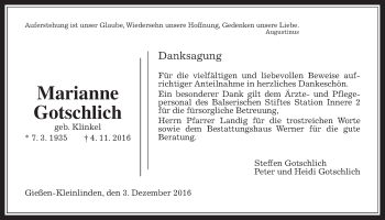 Traueranzeige von Marianne Gotschlich von Gießener Allgemeine, Alsfelder Allgemeine