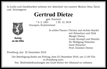 Traueranzeige von Gertrud Dietze von Wetterauer Zeitung, Wetterauer Zeitung