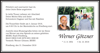 Traueranzeige von Werner Götzner von Wetterauer Zeitung, Wetterauer Zeitung