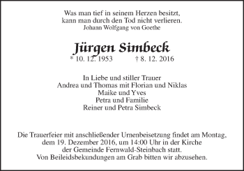 Traueranzeige von Jürgen Simbeck von Gießener Allgemeine, Alsfelder Allgemeine