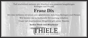 Traueranzeige von Franz Dix von Gießener Allgemeine, Alsfelder Allgemeine