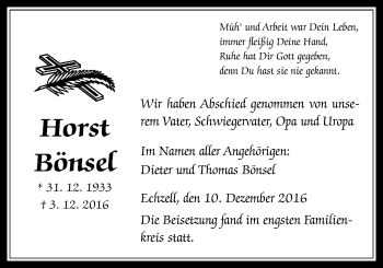 Traueranzeige von Horst Bönsel von Wetterauer Zeitung, Wetterauer Zeitung