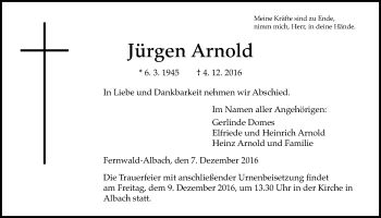 Traueranzeige von Jürgen Arnold von Gießener Allgemeine, Alsfelder Allgemeine