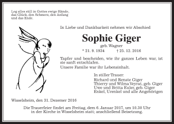 Traueranzeige von Sophie Giger von Wetterauer Zeitung, Wetterauer Zeitung