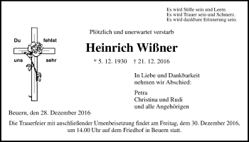 Traueranzeige von Heinrich Wißner von Gießener Allgemeine, Alsfelder Allgemeine