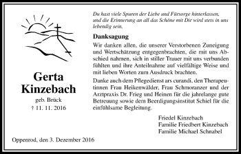 Traueranzeige von Gerta Kinzebach von Gießener Allgemeine, Alsfelder Allgemeine
