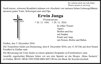 Traueranzeige von Erwin Junga von Gießener Allgemeine, Alsfelder Allgemeine