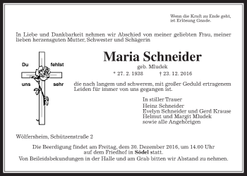 Traueranzeige von Maria Schneider von Wetterauer Zeitung, Wetterauer Zeitung