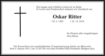 Traueranzeige von Oskar Ritter von Wetterauer Zeitung, Wetterauer Zeitung