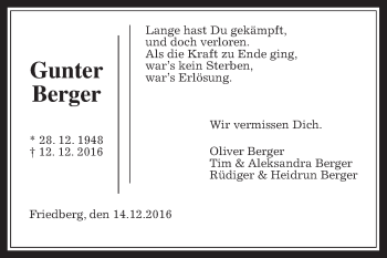 Traueranzeige von Gunter Berger von Wetterauer Zeitung, Wetterauer Zeitung