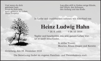 Traueranzeige von Heinz Ludwig Hahn von Gießener Allgemeine, Alsfelder Allgemeine