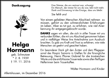 Traueranzeige von Helga Hormann von Gießener Allgemeine, Alsfelder Allgemeine