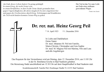 Traueranzeige von Hans Georg Peil von Wetterauer Zeitung, Wetterauer Zeitung