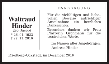Traueranzeige von Waltraud Hinder von Wetterauer Zeitung, Wetterauer Zeitung