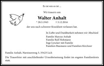 Traueranzeige von Walter Anhalt von Licher Wochenblatt, Licher Wochenblatt, Licher Wochenblatt