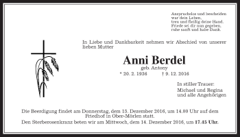Traueranzeige von Anni Berdel von Wetterauer Zeitung, Wetterauer Zeitung