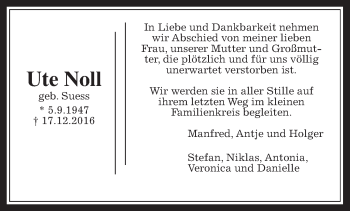 Traueranzeige von Ute Noll von Wetterauer Zeitung, Wetterauer Zeitung