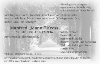 Traueranzeige von Manfred Kress von Gießener Allgemeine, Alsfelder Allgemeine