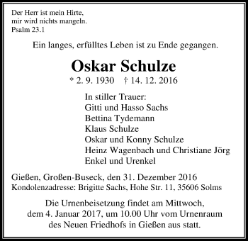 Traueranzeige von Oskar Schulze von Gießener Allgemeine, Alsfelder Allgemeine