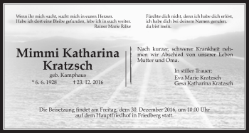 Traueranzeige von Mimmi Katharina Kratzsch von Wetterauer Zeitung, Wetterauer Zeitung