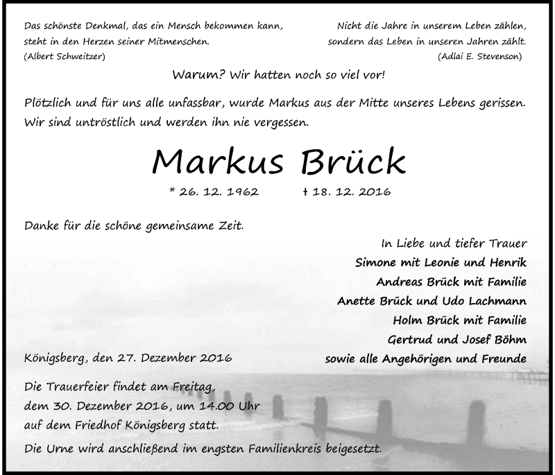  Traueranzeige für Markus Brück vom 27.12.2016 aus Gießener Allgemeine, Alsfelder Allgemeine