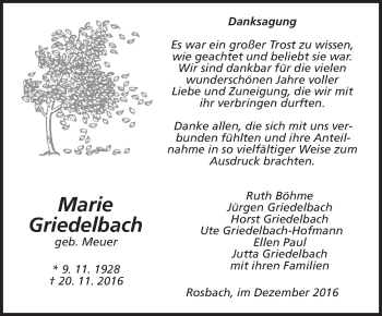 Traueranzeige von Marie Griedelbach von Wetterauer Zeitung, Wetterauer Zeitung