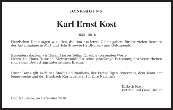 Traueranzeige von Karl Ernst Kost von Wetterauer Zeitung, Wetterauer Zeitung