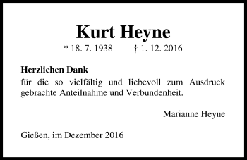 Traueranzeige von Kurt Heyne von Gießener Allgemeine, Alsfelder Allgemeine