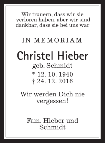 Traueranzeige von Christel Hieber von Wetterauer Zeitung, Wetterauer Zeitung