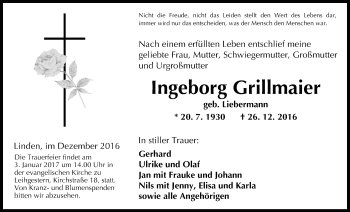 Traueranzeige von Ingeborg Grillmaier von Gießener Allgemeine, Alsfelder Allgemeine