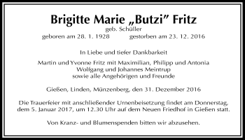 Traueranzeige von Brigitte Marie Fritz von Gießener Allgemeine, Alsfelder Allgemeine