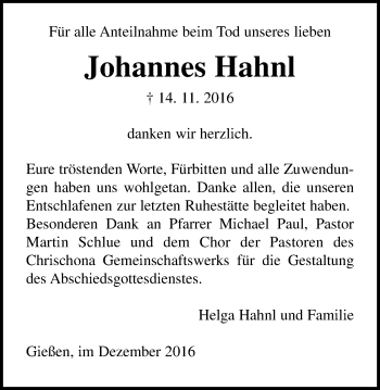 Traueranzeige von Johannes Hahnl von Gießener Allgemeine, Alsfelder Allgemeine