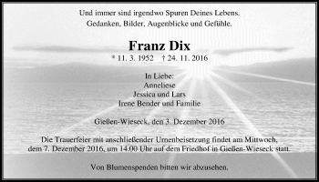 Traueranzeige von Franz Dix von Gießener Allgemeine, Alsfelder Allgemeine