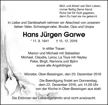 Traueranzeige von Hans Jürgen Garwe von Gießener Allgemeine, Alsfelder Allgemeine