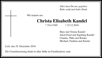 Traueranzeige von Christa Elisabeth Kandel von Licher Wochenblatt, Licher Wochenblatt, Licher Wochenblatt